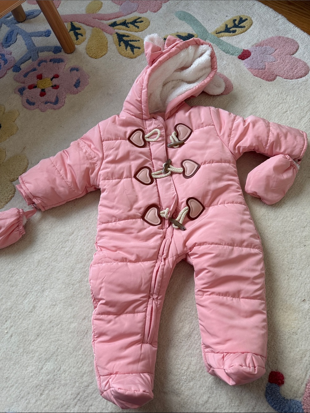 Pink Hooded Infant Snowsuit with Heart Toggle Closures